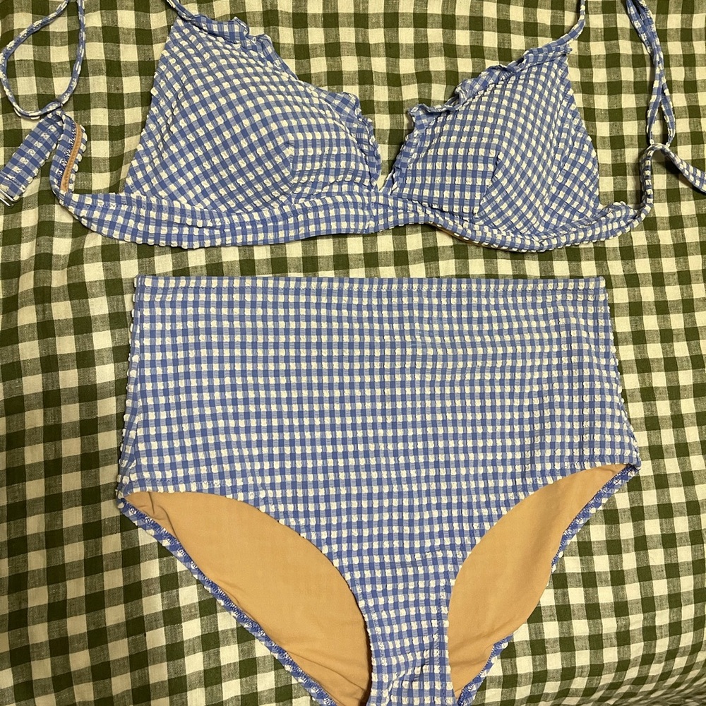 J Crew Factory Blue Gingham High-Waist Bikini Set